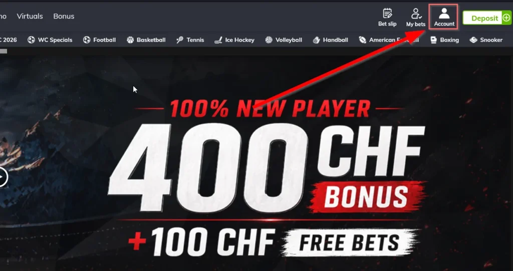Bahigo Casino sportsbook page with the Account button highlighted in the top navigation.