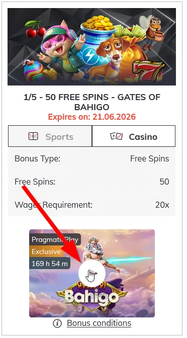 Bahigo Casino promotion card showing 50 free spins for Gates of Bahigo with wagering requirement and play button.