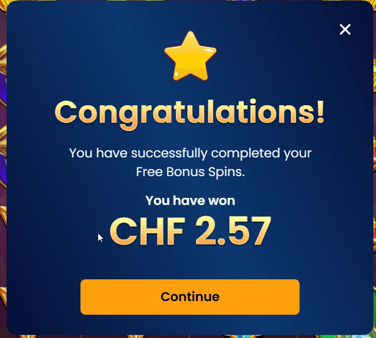 Bahigo Casino popup showing free bonus spins completed successfully with total winnings of CHF 2.57.