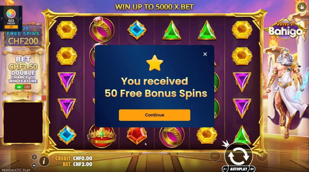 Bahigo Casino Gates of Bahigo slot screen showing a popup confirming 50 free bonus spins received.
