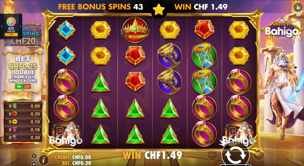 Bahigo Casino Gates of Bahigo slot screen showing a win of CHF 1.49 during free bonus spins.
