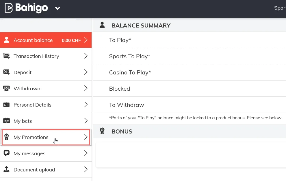 Bahigo Casino account page with the My Promotions menu item highlighted.