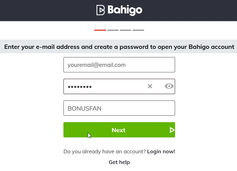 Bahigo Casino registration form showing email, password, promo code, and Next button.