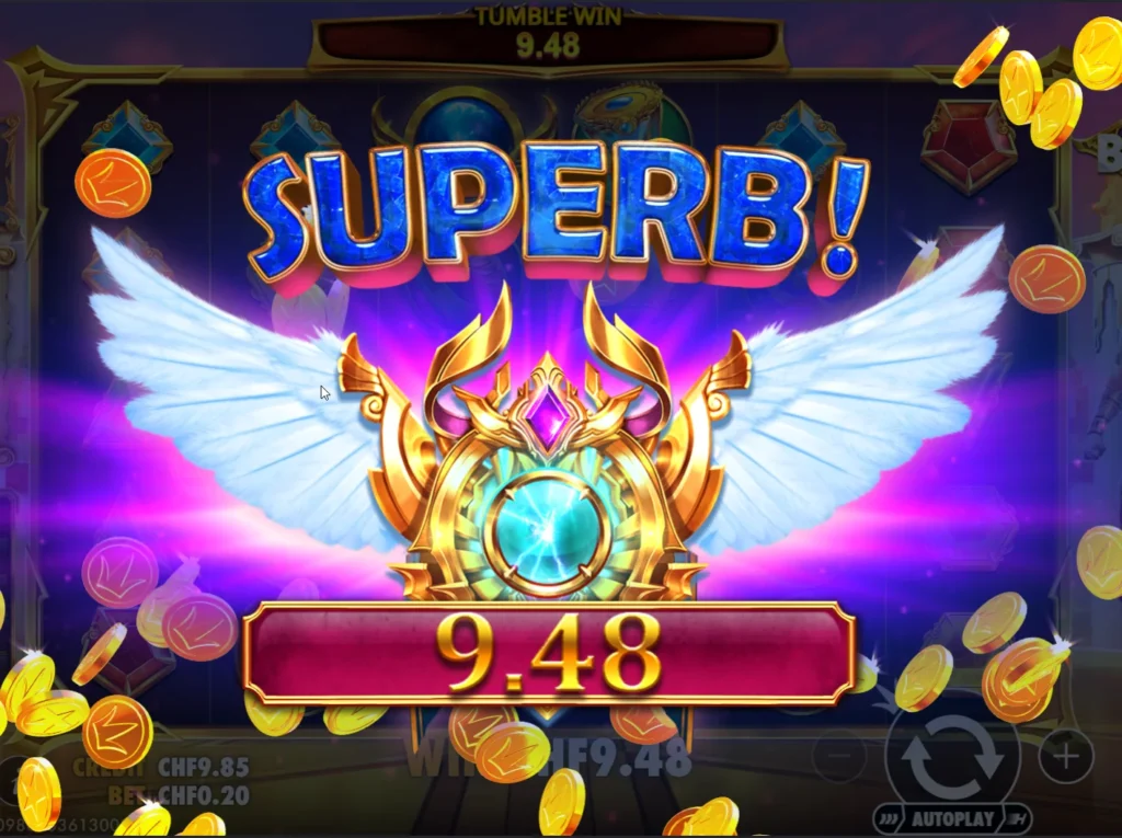 Bahigo Casino slot screen showing a Superb win animation with a payout of 9.48.