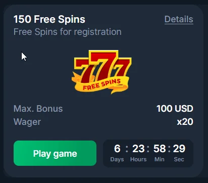 CoinsGame Casino activated 150 free spins bonus card showing Play game button and countdown timer.