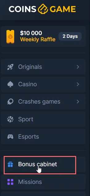 CoinsGame Casino side menu showing the Bonus cabinet section highlighted.