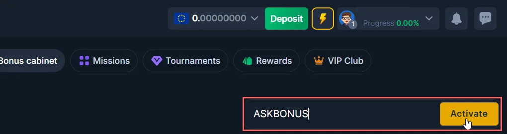 CoinsGame Casino bonus cabinet page showing ASKBONUS entered in the promo code field with the Activate button.
