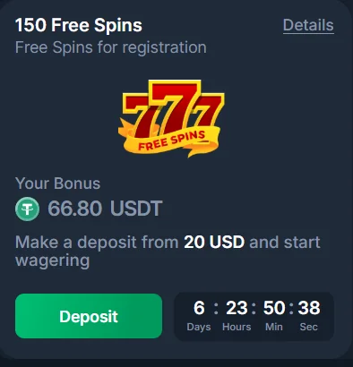 CoinsGame Casino bonus card showing 66.80 USDT bonus and a prompt to deposit 20 USD to start wagering.