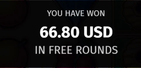 CoinsGame Casino result screen showing 66.80 USD won in free rounds.