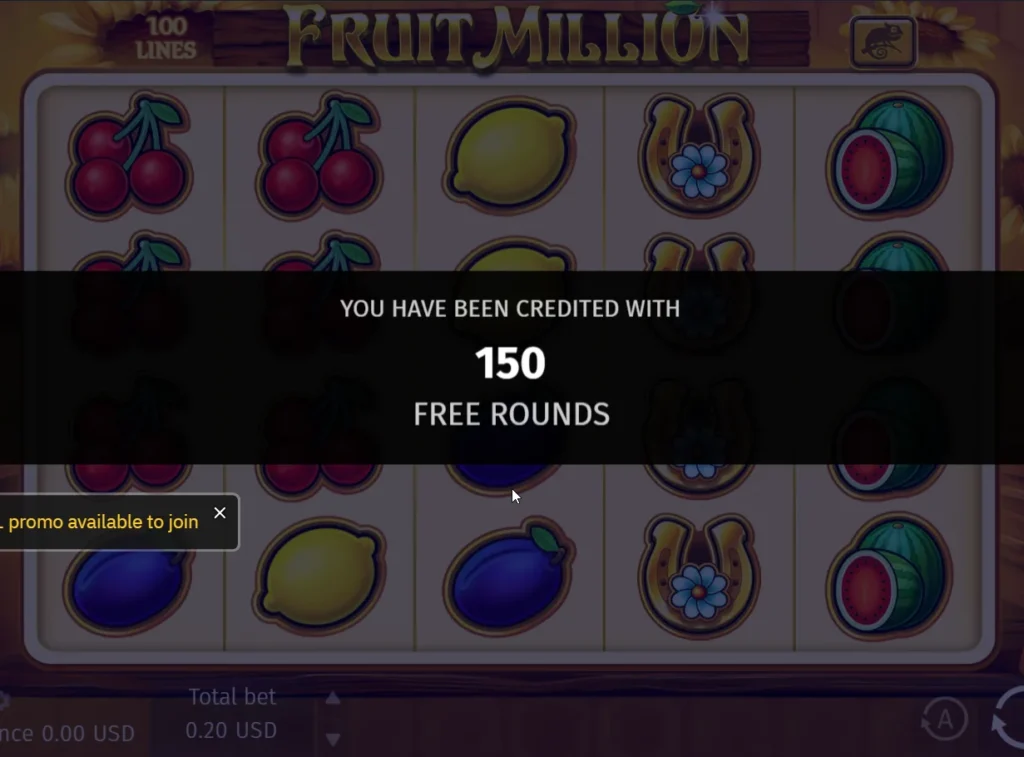 CoinsGame Casino Fruit Million slot screen showing 150 free rounds credited.
