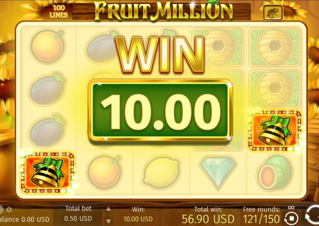 CoinsGame Casino Fruit Million slot screen showing a 10.00 USD win and 56.90 USD total win during free rounds.