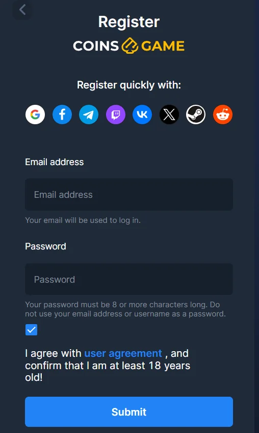 CoinsGame Casino registration form showing email address, password, user agreement checkbox, social login buttons, and Submit button.
