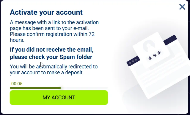 FairPari Casino account activation popup explaining that a confirmation email was sent and showing the My Account button.