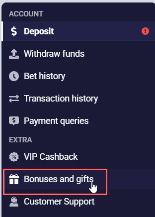 FairPari Casino account menu with the Bonuses and gifts section highlighted.