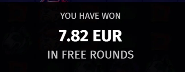 FairPari Casino popup showing winnings of 7.82 euro from free rounds.