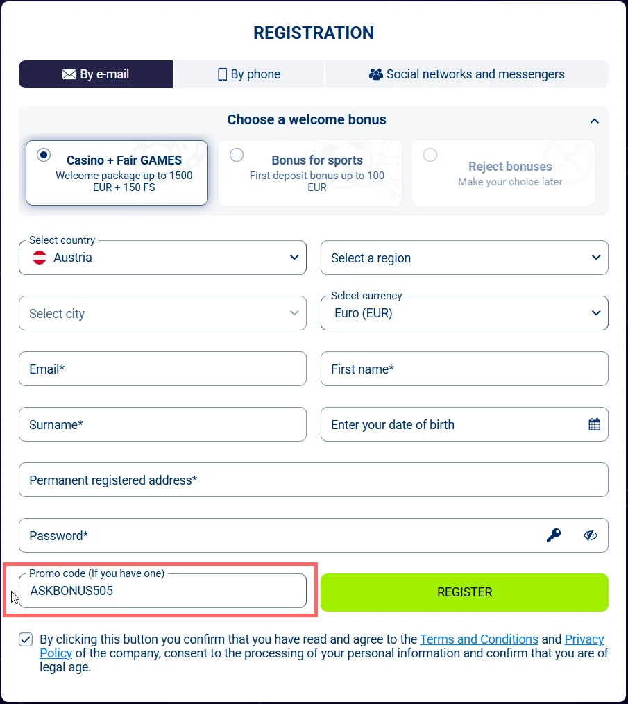FairPari Casino registration form showing welcome bonus selection, personal details fields, promo code, and Register button.