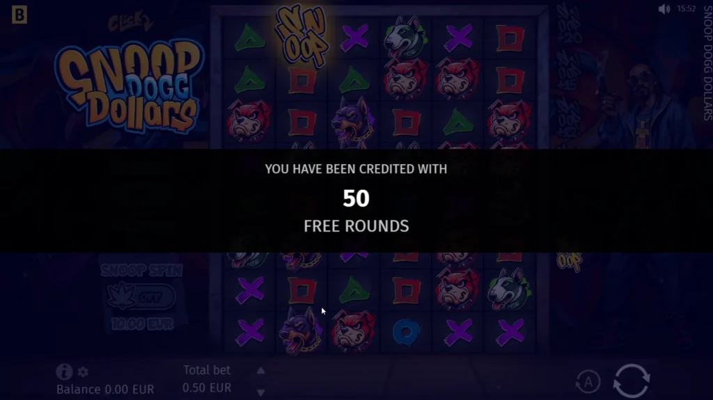 FairPari Casino Snoop Dogg Dollars slot screen showing a message that 50 free rounds have been credited.