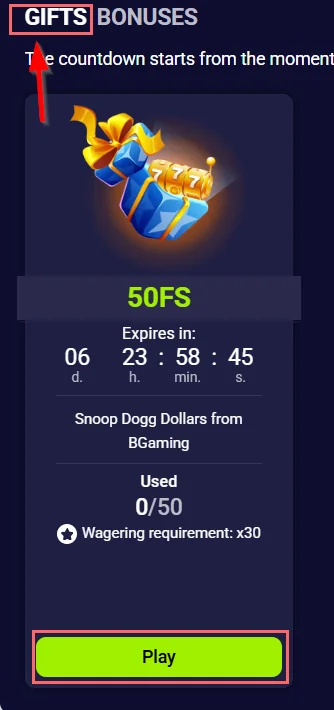 FairPari Casino gifts bonuses page showing a 50 free spins offer for Snoop Dogg Dollars with a Play button.