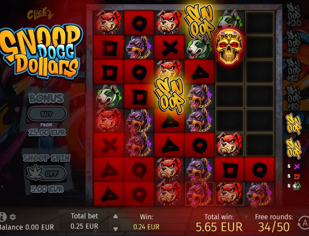 FairPari Casino Snoop Dogg Dollars slot screen during free rounds showing a total win of 5.65 euro.
