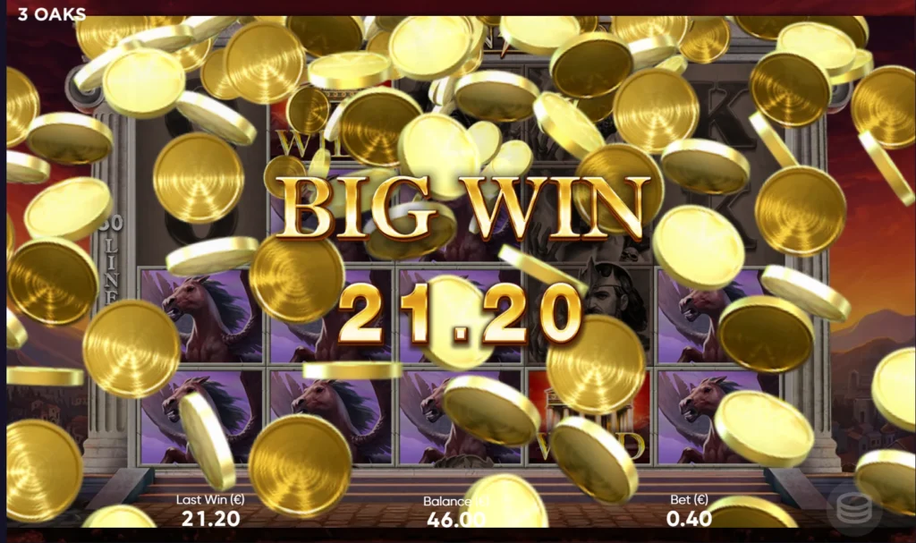 Fontan casino Olympian Gods slot screen showing a 21.20 euro big win with falling gold coins.
