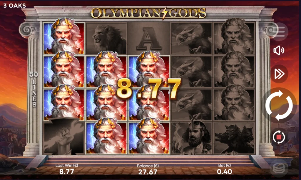 Fontan casino Olympian Gods slot screen showing an 8.77 euro win with Zeus symbols and 27.67 euro balance.