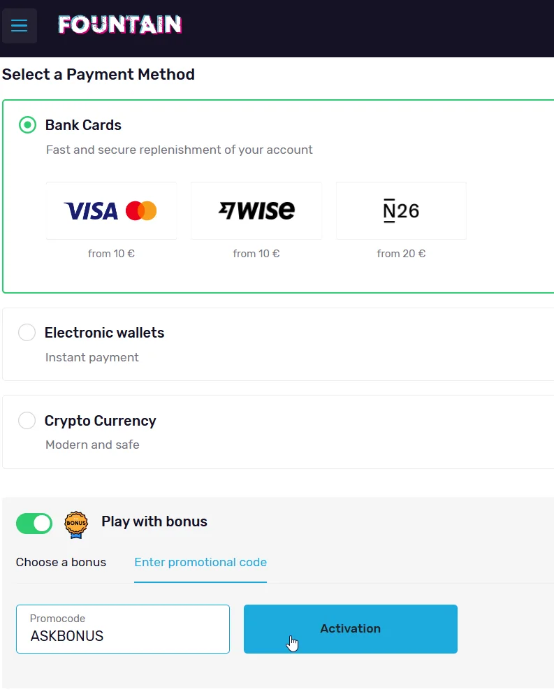 Fontan casino deposit page showing bank cards, electronic wallets, cryptocurrency, and promotional code activation.