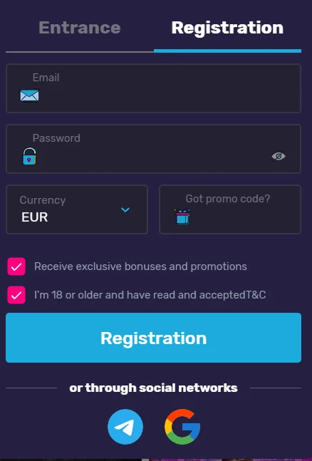 Fontan casino registration form with email, password, currency, promo code, bonus opt-in, age confirmation, and social login buttons.