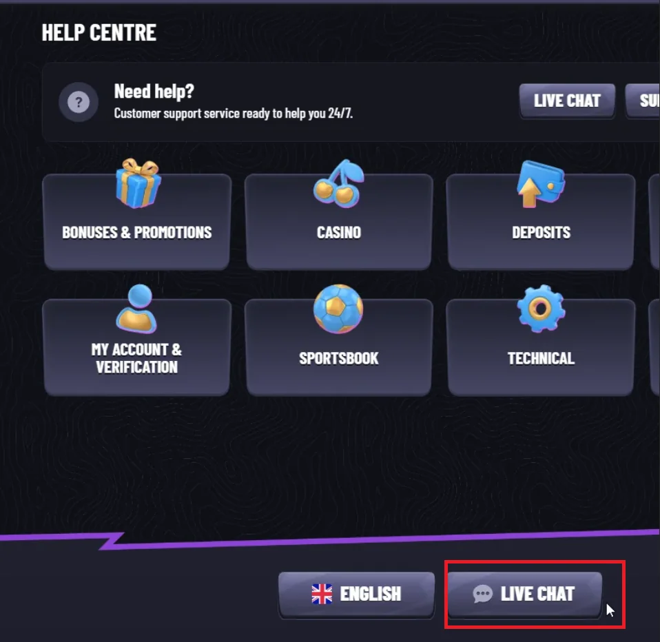Mrpacho casino help centre page showing support categories with the live chat button highlighted.