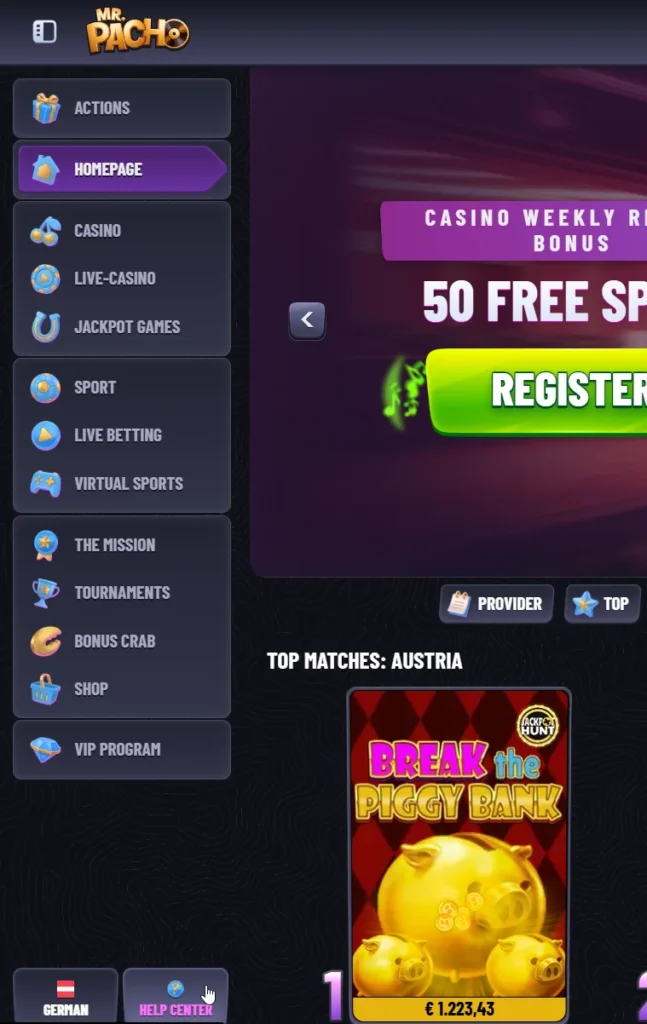 Mrpacho casino homepage showing the sidebar menu and casino weekly reload bonus banner.