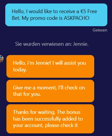 Mrpacho casino live chat showing support confirmation that the ASKPACHO promo code bonus was added to the account.
