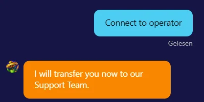 Mrpacho casino live chat showing operator message transferring the user to the support team.