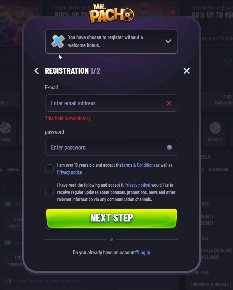 Mrpacho casino registration form showing the user selected registration without a welcome bonus.