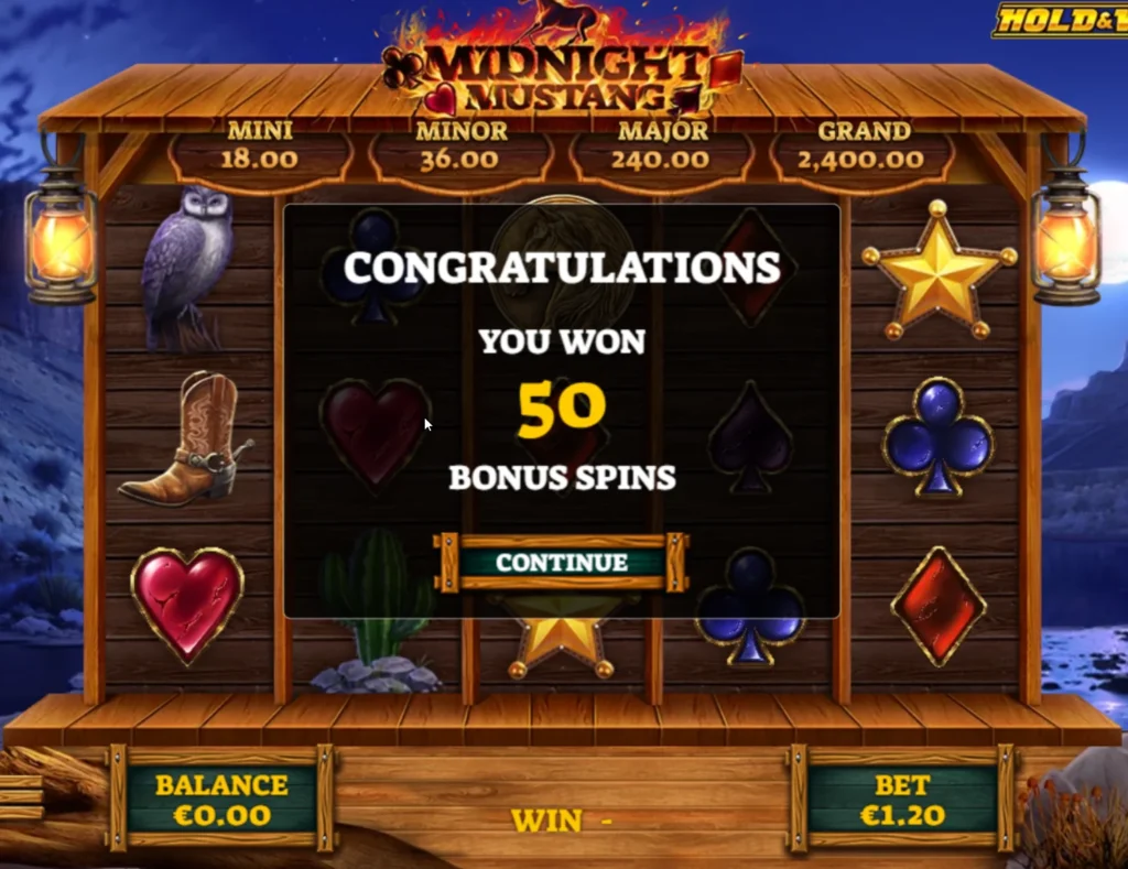 Paradise 8 casino Midnight Mustang slot screen showing a congratulations popup for 50 bonus spins.