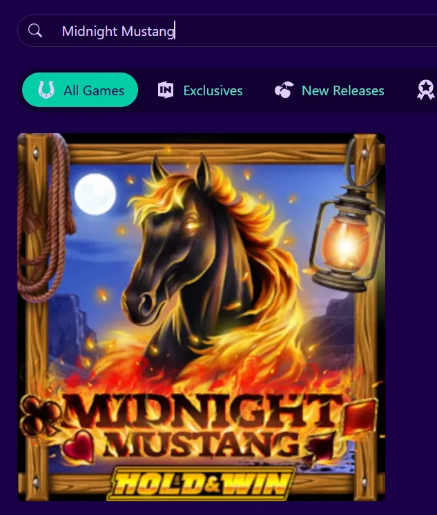 Paradise 8 casino game search page showing Midnight Mustang selected in the search bar and the game tile below.