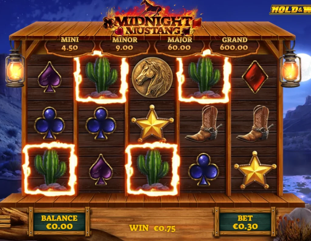 Paradise 8 casino Midnight Mustang slot screen showing a 0.75 euro win from a 0.30 euro bet.