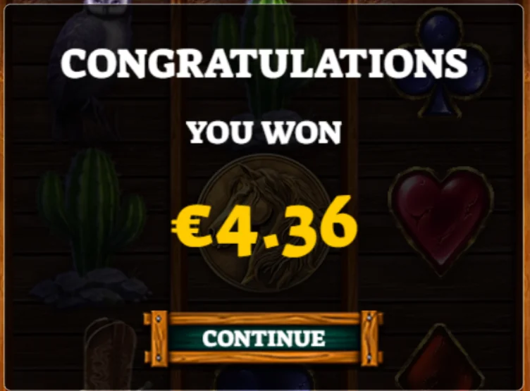 Paradise 8 casino Midnight Mustang popup showing congratulations and a 4.36 euro win.