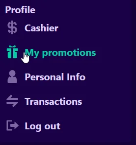 Paradise 8 casino profile menu showing Cashier, My promotions, Personal Info, Transactions, and Log out options.