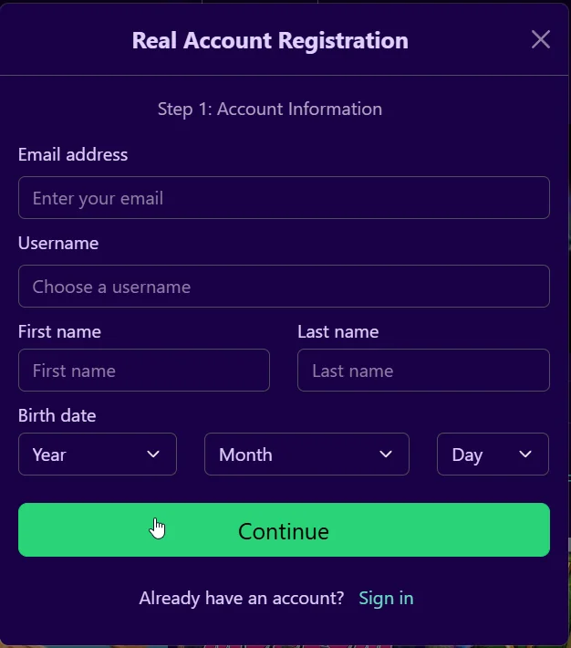Paradise 8 casino registration form showing account information fields for email, username, name, birth date, and Continue button.